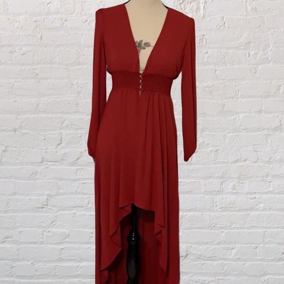 Wine High Low Babydoll Elastic Waist V-neck Top - Picture 4 of 8